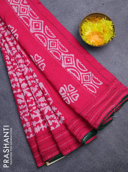 Batik cotton saree pink and green with allover batik prints & sequin work and kantha stitch work border