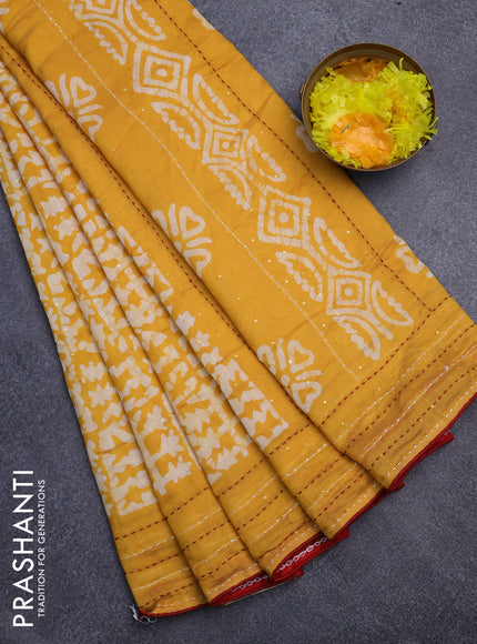 Batik cotton saree mango yellow and red with allover batik prints & sequin work and kantha stitch work border