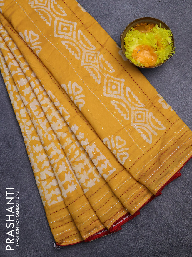 Batik cotton saree mango yellow and red with allover batik prints & sequin work and kantha stitch work border