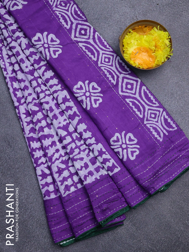 Batik cotton saree violet and green with allover batik prints & sequin work and kantha stitch work border