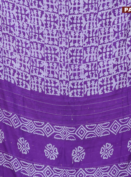 Batik cotton saree violet and green with allover batik prints & sequin work and kantha stitch work border