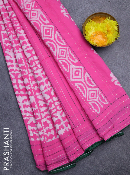 Batik cotton saree pink and green with allover batik prints & sequin work and kantha stitch work border