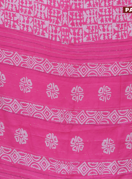 Batik cotton saree pink and green with allover batik prints & sequin work and kantha stitch work border