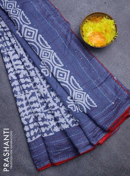 Batik cotton saree grey and red with allover batik prints & sequin work and kantha stitch work border