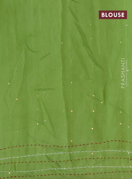 Batik cotton saree light green and red with allover batik prints & sequin work and kantha stitch work border