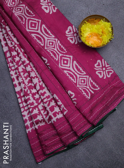 Batik cotton saree magenta pink and green with allover batik prints & sequin work and kantha stitch work border