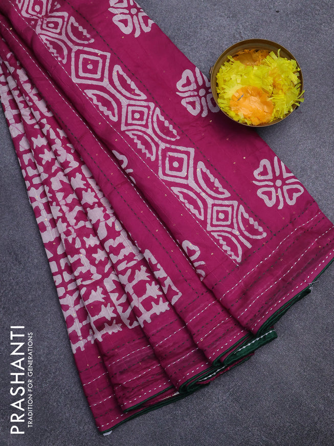 Batik cotton saree magenta pink and green with allover batik prints & sequin work and kantha stitch work border