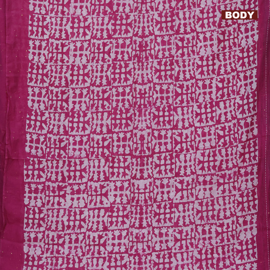 Batik cotton saree magenta pink and green with allover batik prints & sequin work and kantha stitch work border