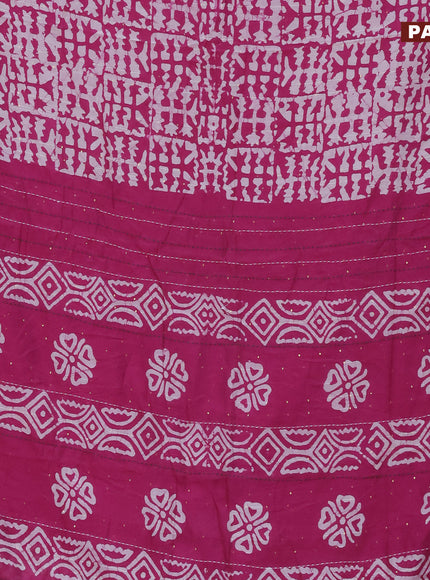 Batik cotton saree magenta pink and green with allover batik prints & sequin work and kantha stitch work border