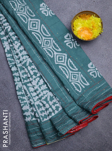 Batik cotton saree green shade and red with allover batik prints & sequin work and kantha stitch work border