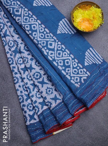 Batik cotton saree peacock blue and red with allover batik prints & sequin work and kantha stitch work border