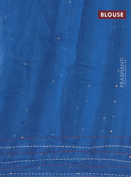 Batik cotton saree peacock blue and red with allover batik prints & sequin work and kantha stitch work border