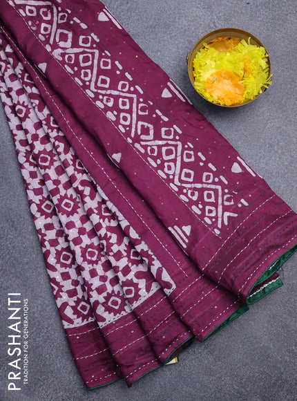 Batik cotton saree wine shade and green with allover batik prints & sequin work and kantha stitch work border