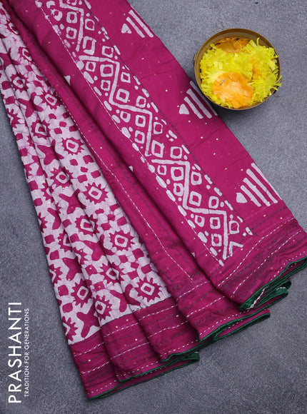 Batik cotton saree magenta pink and green with allover batik prints & sequin work and kantha stitch work border