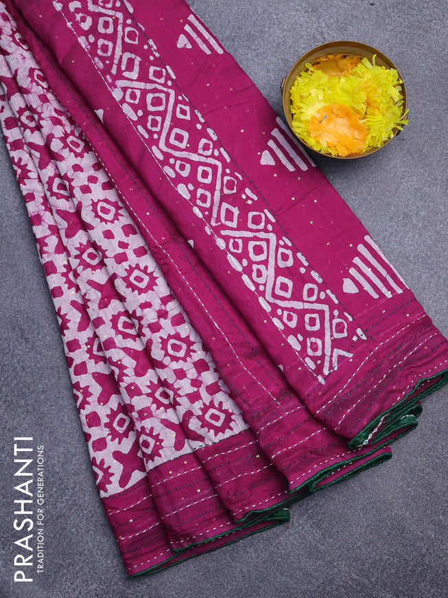 Batik cotton saree magenta pink and green with allover batik prints & sequin work and kantha stitch work border