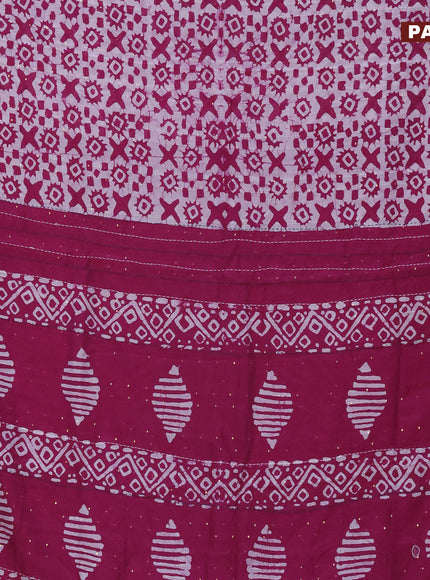 Batik cotton saree magenta pink and green with allover batik prints & sequin work and kantha stitch work border