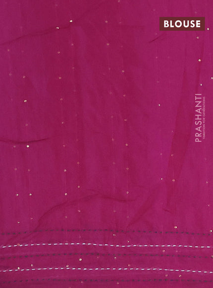 Batik cotton saree magenta pink and green with allover batik prints & sequin work and kantha stitch work border