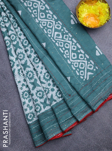 Batik cotton saree green shade and red with allover batik prints & sequin work and kantha stitch work border