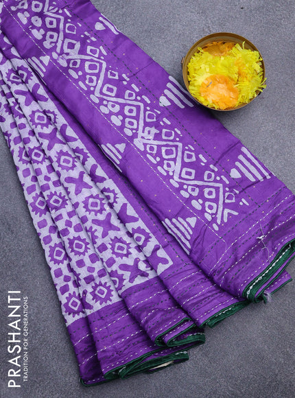 Batik cotton saree violet and green with allover batik prints & sequin work and kantha stitch work border