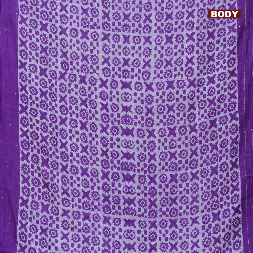 Batik cotton saree violet and green with allover batik prints & sequin work and kantha stitch work border