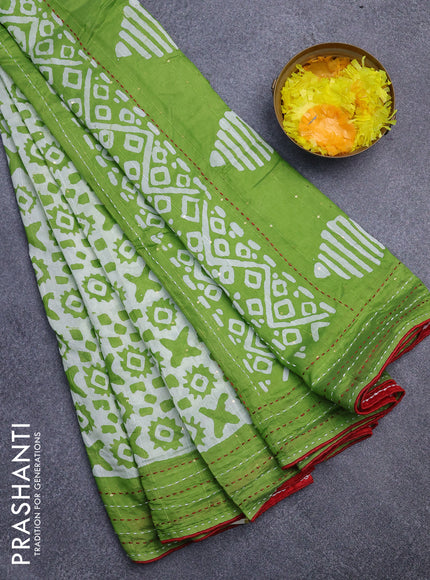 Batik cotton saree green and red with allover batik prints & sequin work and kantha stitch work border