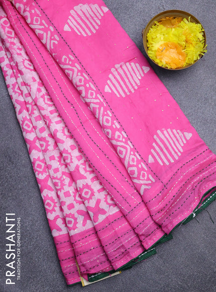 Batik cotton saree pink and green with allover batik prints & sequin work and kantha stitch work border