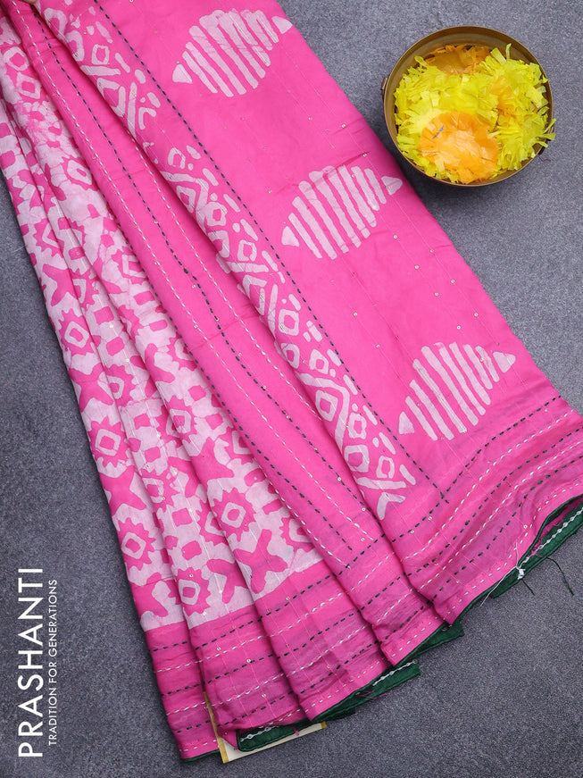 Batik cotton saree pink and green with allover batik prints & sequin work and kantha stitch work border