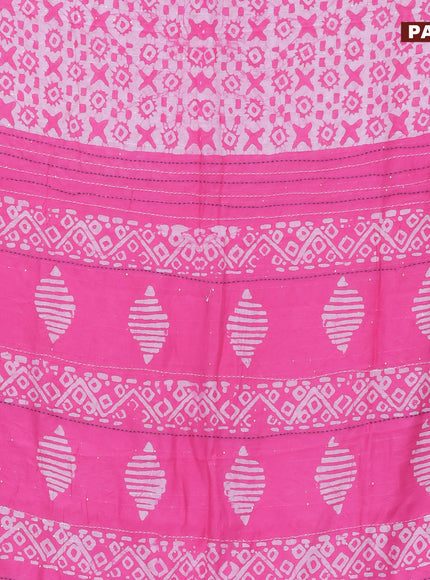 Batik cotton saree pink and green with allover batik prints & sequin work and kantha stitch work border