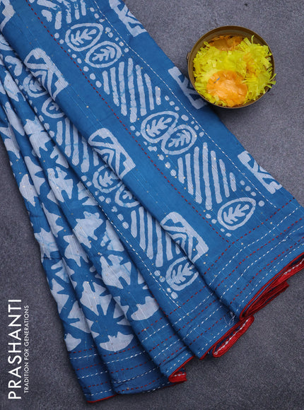 Batik cotton saree cs blue and red with allover batik prints & sequin work and kantha stitch work border