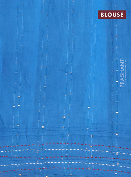 Batik cotton saree cs blue and red with allover batik prints & sequin work and kantha stitch work border