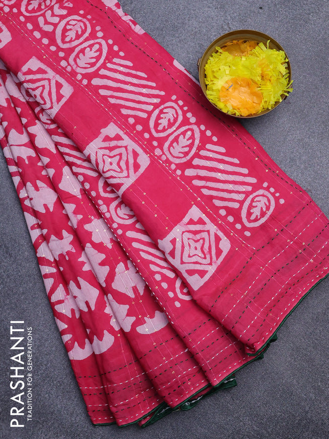 Batik cotton saree pink and green with allover batik prints & sequin work and kantha stitch work border