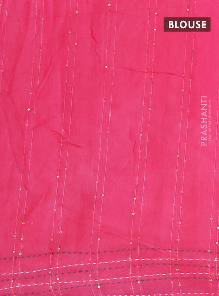 Batik cotton saree pink and green with allover batik prints & sequin work and kantha stitch work border