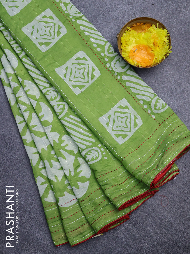 Batik cotton saree light green and red with allover batik prints & sequin work and kantha stitch work border