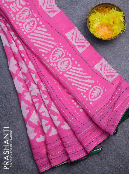 Batik cotton saree pink and green with allover batik prints & sequin work and kantha stitch work border