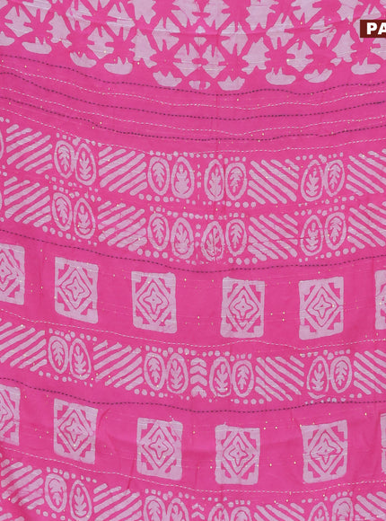 Batik cotton saree pink and green with allover batik prints & sequin work and kantha stitch work border