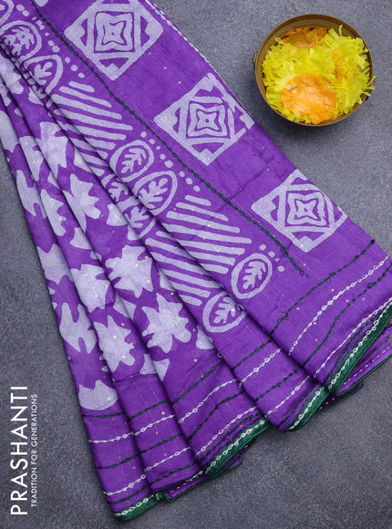 Batik cotton saree violet and green with allover batik prints & sequin work and kantha stitch work border