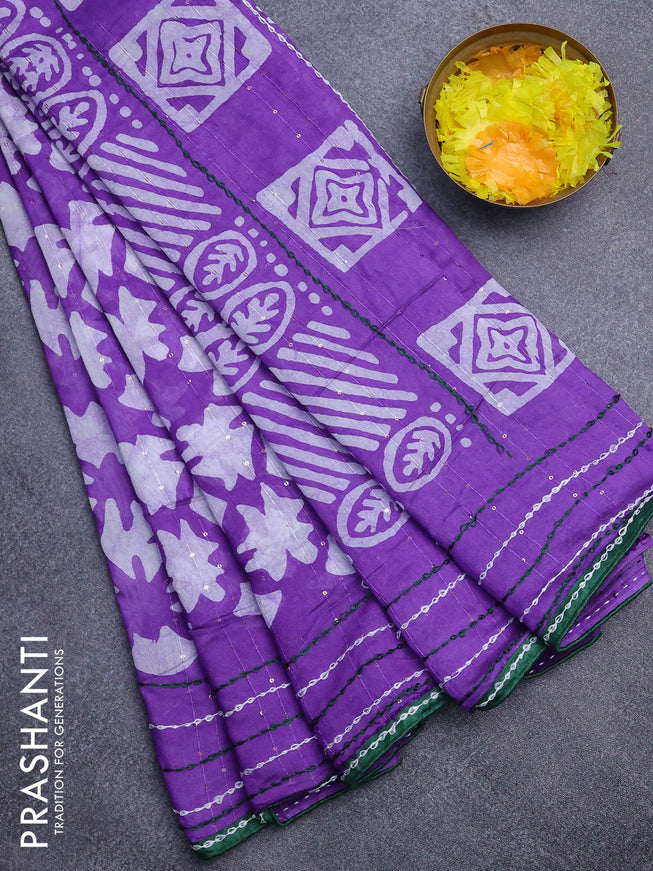 Batik cotton saree violet and green with allover batik prints & sequin work and kantha stitch work border