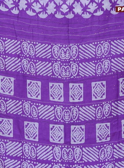 Batik cotton saree violet and green with allover batik prints & sequin work and kantha stitch work border