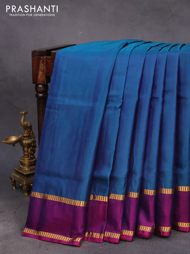 10 Yards silk saree dual shade of bluish green and pink with plain body and rettapet zari woven border