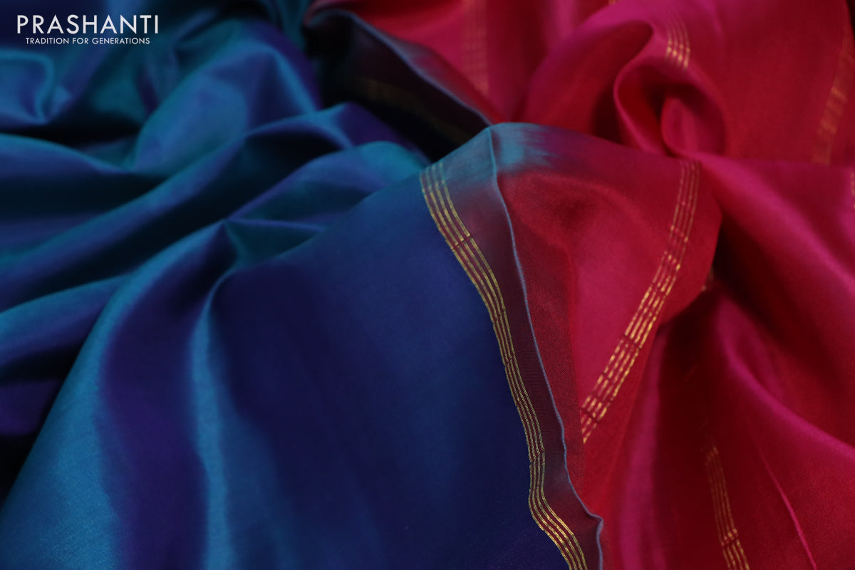 10 Yards silk saree dual shade of bluish green and pink with plain body and rettapet zari woven border