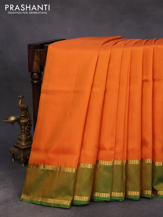 10 Yards silk saree mango yellow and green with plain body and rettapet zari woven border