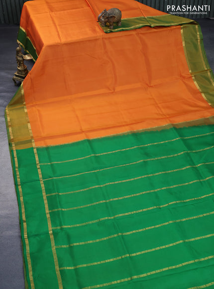 10 Yards silk saree mango yellow and green with plain body and rettapet zari woven border