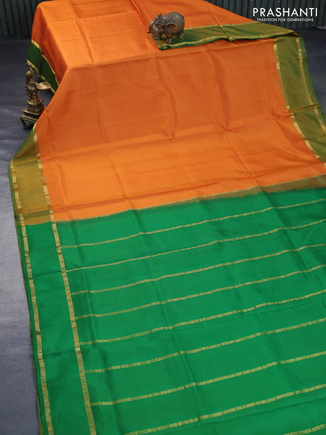 10 Yards silk saree mango yellow and green with plain body and rettapet zari woven border