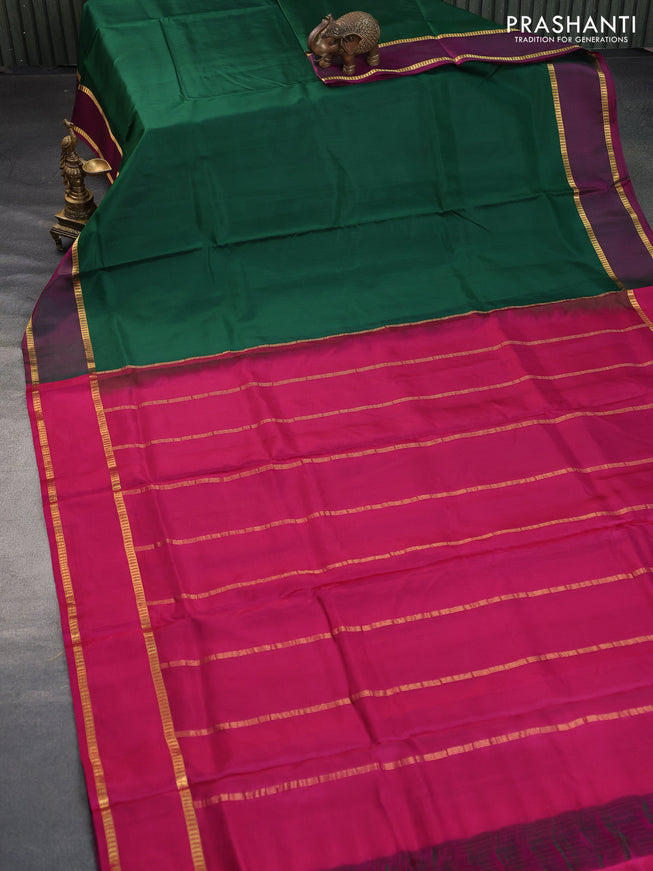 10 Yards silk saree green and pink with plain body and rettapet zari woven border