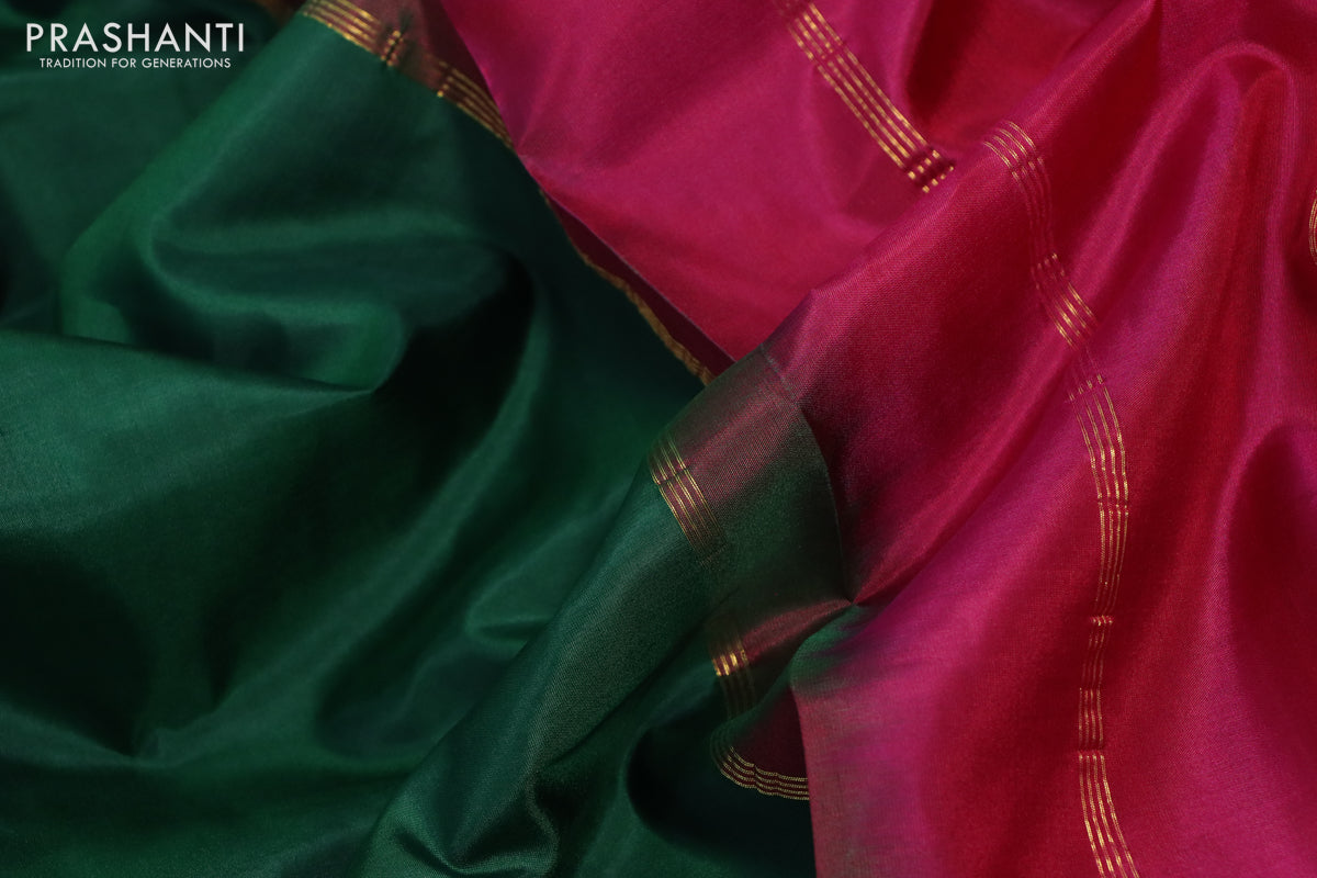 10 Yards silk saree green and pink with plain body and rettapet zari woven border