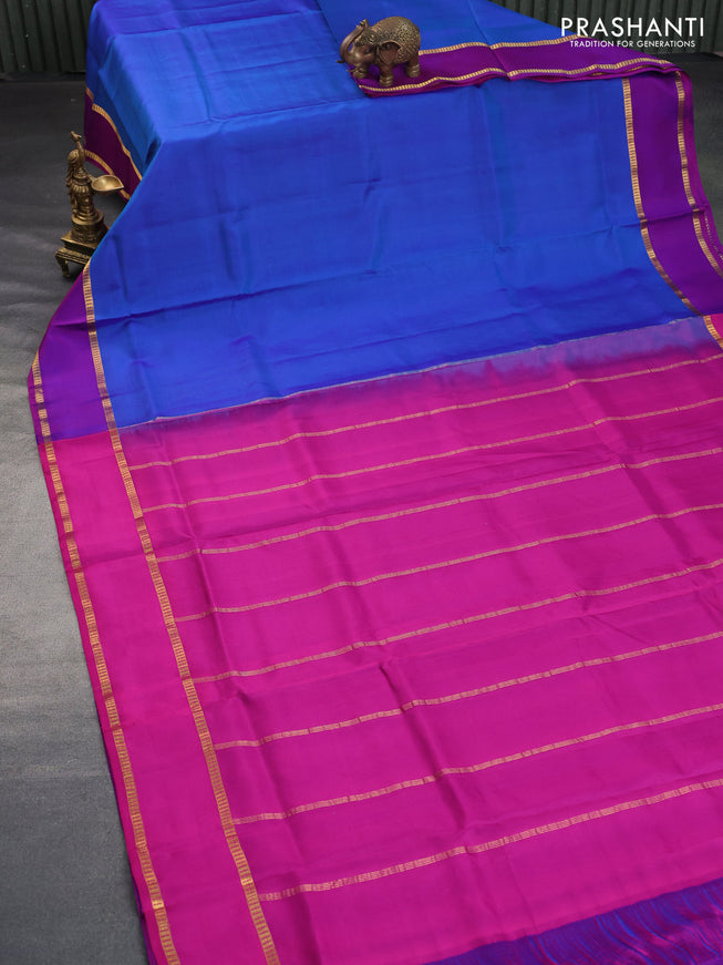 10 Yards silk saree blue and purple with plain body and rettapet zari woven border