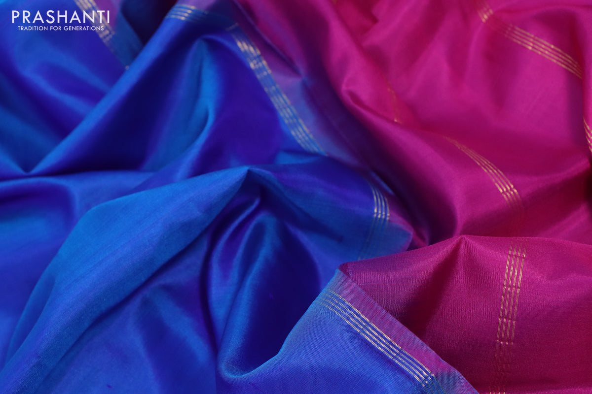 10 Yards silk saree blue and purple with plain body and rettapet zari woven border