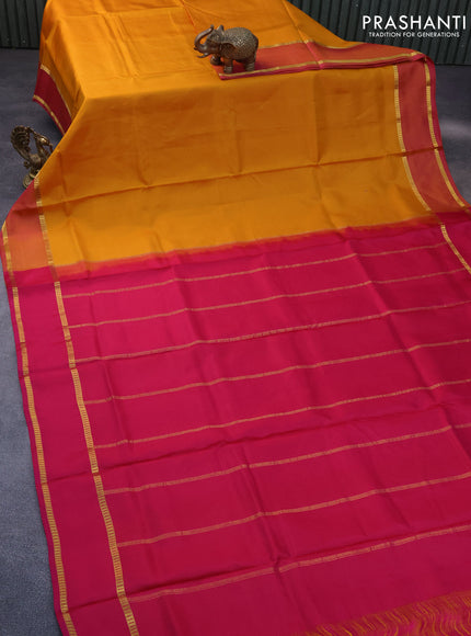 10 Yards silk saree mustard yellow and pink with plain body and rettapet zari woven border