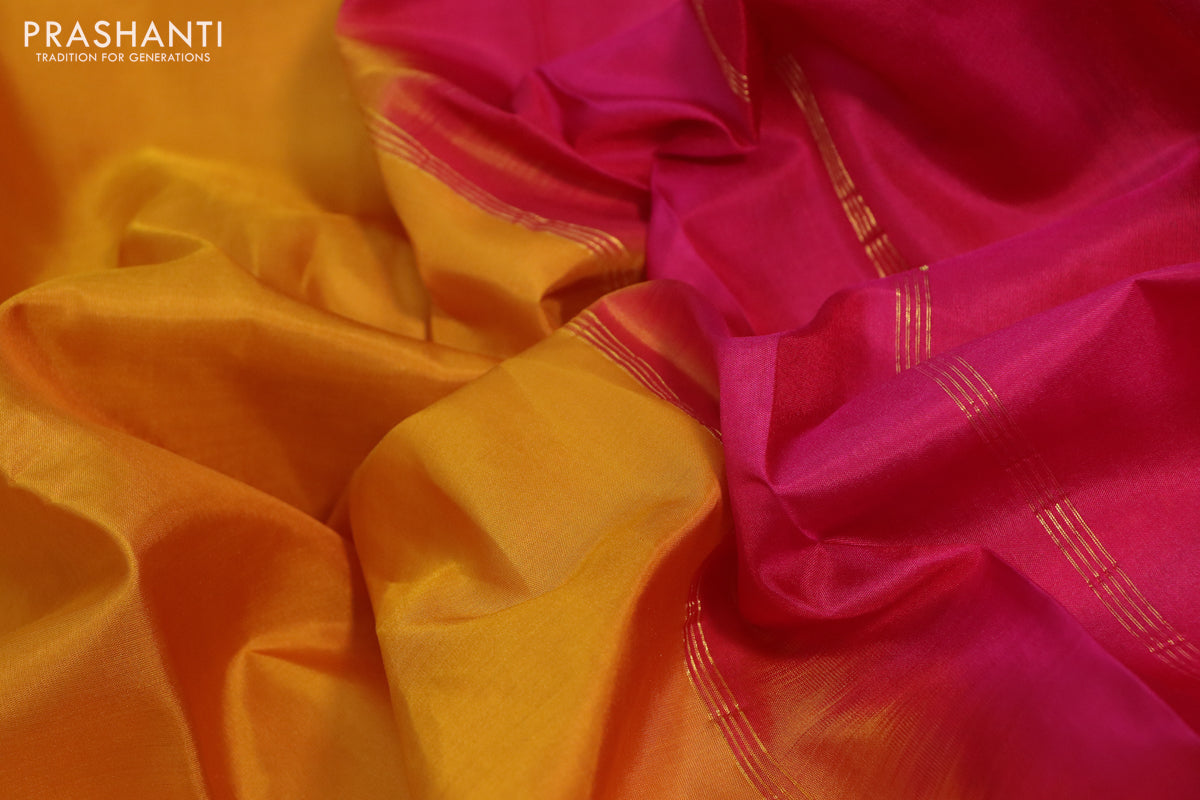 10 Yards silk saree mustard yellow and pink with plain body and rettapet zari woven border