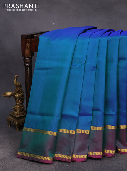 10 Yards silk saree dual shade of bluish green and pink with plain body and rettapet zari woven border